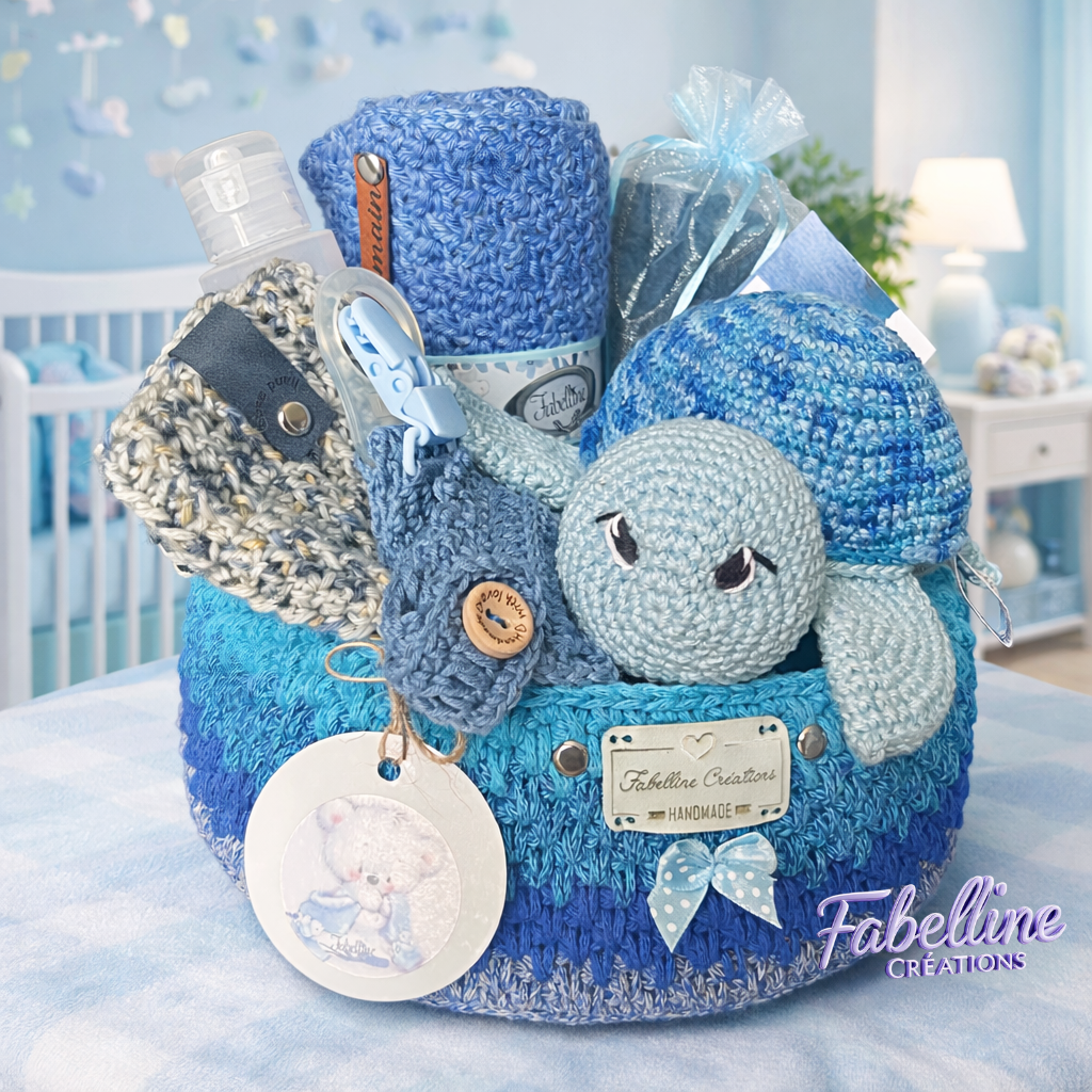 Panier naissance au crochet avec doudou tortue grelot